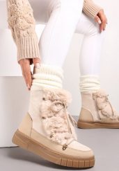 Beżowe Mocno Ocieplone Śniegowce z Futerkiem Wzdłuż Wiązania Avivina. Brązowe śniegowce Renee, bez wzorów, z jeansu, bez zapięcia. Za 129.99 zł.