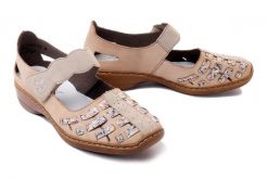 RIEKER 41369-60 beige, półbuty letnie damskie. Brązowe półbuty wsuwane Rieker, na lato, bez wzorów, bez obcasa, na koturnie. Za 185.94 zł.