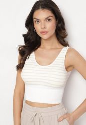 Biało-Beżowy Tank Top w Paski z Prążkowanej Tkaniny Sesillia. Brązowe topy Born2be, s, bez wzorów, z jeansu, eleganckie, bez kołnierzyka, bez ramiączek. W wyprzedaży za 25.49 zł.