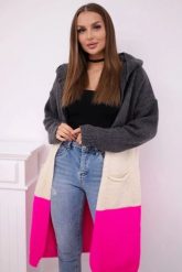Sweter Kardigan z kapturem w pasy grafitowy+beżowy+różowy neon. Brązowe swetry KESI, l, bez wzorów, z jeansu, plus size, bez ramiączek. Za 209.08 zł.
