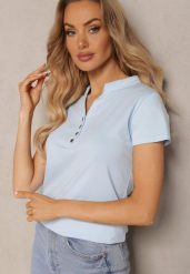 Jasnoniebieski Bawełniany T-shirt z Guzikami przy Dekolcie Wialina. Niebieskie t-shirty Renee, s, bez wzorów, z bawełny, klasyczne, bez kołnierzyka, bez ramiączek. W wyprzedaży za 39.99 zł.