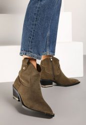 Ciemnozielone Botki Kowbojki z Ekozamszu z Niską Cholewką Zdobioną Nitami Riarosea. Zielone botki Renee, z aplikacjami, z jeansu, boho, przed kostkę, bez obcasa, na obcasie, bez zapięcia. W wyprzedaży za 119.99 zł.