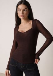 Ciemnobrązowa Bluzka Siateczkowa z Wiskozą z Długim Rękawem i Dekoltem w Serce Elanne. Brązowe bluzki Born2be, l, bez wzorów, z jeansu, eleganckie, bez kołnierzyka, bez ramiączek. Za 109.99 zł.