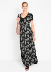 Długa sukienka shirtowa z krótkim rękawem. Czarne sukienki bonprix, bez wzorów, z wiskozy, bez kołnierzyka, bez ramiączek, maxi. Za 149.99 zł.