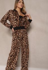 Brązowy Komplet Dresowy w Panterkowy Print Bluza i Spodnie o Szerokim Kroju Sonariela. Brązowe bluzy Renee, m, z aplikacjami, z dresówki, bez kaptura. W wyprzedaży za 67.99 zł.