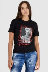 GUESS Czarny t-shirt damski z nadrukiem. Czarne t-shirty Guess, s, z aplikacjami, z bawełny, bez kołnierzyka, bez ramiączek. W wyprzedaży za 129.99 zł.