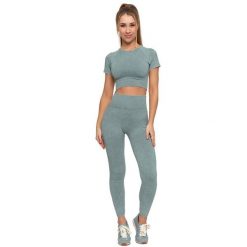 Komplet damski Moraj, top z krótkim rękawem i legginsy długie z wysokim stanem, zielone, BD1900-508 + RDL2200-013. Zielone legginsy Moraj, bez wzorów, z materiału, eleganckie, długie. Za 119.00 zł.