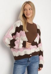 Różowy Kardigan w Ażurowy Wzór z Dodatkiem Wełny i Wiskozy Esilla. Czerwone swetry Born2be, w ażurowe wzory, z dzianiny, eleganckie, bez ramiączek. Za 169.99 zł.