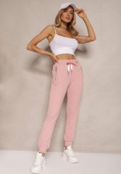 Różowe Spodnie Dresowe z Bawełny o Kroju Jogger High Waist Cherisa. Czerwone jeansy Renee, bez wzorów, z bawełny, eleganckie, z podwyższonym stanem. W wyprzedaży za 47.99 zł.