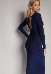 Granatowa Dopasowana Sukienka Midi z Metaliczną Nitką i Odkrytymi Plecami Niorve. Niebieskie sukienki Born2be, l, z aplikacjami, z tkaniny, bez kołnierzyka, bez ramiączek, midi, dopasowane. W wyprzedaży za 152.99 zł.