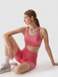 4F Legginsy kolarki treningowe z materiału z recyklingu damskie - koralowe M. Czerwone legginsy 4f, l, bez wzorów, z dzianiny, z podwyższonym stanem, do biegania. W wyprzedaży za 59.99 zł.
