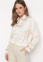 Jasnobeżowa Koszula z Ozdobnym Kołnierzykiem z Ćwiekami i Cyrkoniami Aiatla. Brązowe koszule Born2be, m, bez wzorów, eleganckie, bez kołnierzyka, bez ramiączek. W wyprzedaży za 72.24 zł.