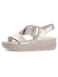 Gabor Skórzane sandały w kolorze beżowym na koturnie rozmiar: 40,5. Brązowe sandały Gabor, bez wzorów, z otwartym noskiem, bez obcasa, na koturnie, bez zapięcia. Za 171.28 zł.