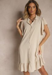 Beżowa Koszulowa Sukienka Ozdobiona Falbankami i Guzikami Tenelora. Brązowe sukienki Renee, na co dzień, bez wzorów, eleganckie, bez kołnierzyka, bez ramiączek, midi, koszulowe. W wyprzedaży za 63.99 zł.