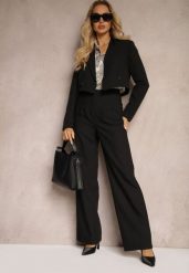 Czarne Szerokie Spodnie z Imitacją Kieszeni Garniturowe High Waist Iriniael. Czarne jeansy Renee, l, bez wzorów, z jeansu, z podwyższonym stanem. W wyprzedaży za 80.99 zł.