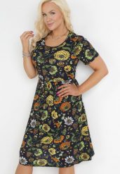 Granatowo-Żółta Rozkloszowana Sukienka w Kwiaty Pivona. Niebieskie sukienki Born2be, xl, bez wzorów, z materiału, bez kołnierzyka, bez ramiączek, midi, rozkloszowane. Za 89.99 zł.