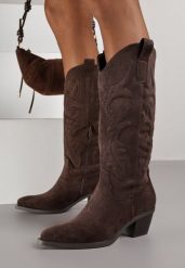 Brązowe Klasyczne Kozaki Kowbojki z Imitacji Zamszu Rilona. Brązowe kozaki Born2be, bez wzorów, z jeansu, boho, bez obcasa, na obcasie, bez zapięcia. Za 169.99 zł.