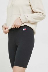 Tommy Jeans szorty damskie kolor czarny gładkie high waist. Czarne szorty Tommy Jeans, bez wzorów, z dzianiny. Za 269.99 zł.