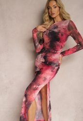 Fuksjowa Siateczkowa Sukienka Bodycon w Marmurkowy Wzór z Rozcięciem na Dole Valerimes. Czerwone sukienki Renee, na co dzień, l, bez wzorów, bez kołnierzyka, bez ramiączek, maxi, bodycon. W wyprzedaży za 107.99 zł.