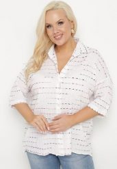 Biała Koszula z Bawełny Ozdobiona Metaliczną Nicią Edirina. Białe koszule Born2be, uniwersalny, bez wzorów, z bawełny, eleganckie, bez kołnierzyka, bez ramiączek. Za 59.99 zł.