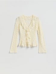 Koronkowa bluzka - kremowy. Białe bluzki Reserved, l, bez wzorów, z bawełny, bez kołnierzyka, bez ramiączek. Za 119.99 zł.