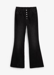 Jeansy z rozszerzanym dołem, high waist, z wygodnym pasem. Czarne jeansy bonprix, bez wzorów, z jeansu, z podwyższonym stanem. Za 169.99 zł.