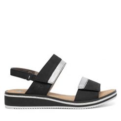 Sandały Rieker. Czarne sandały Rieker, bez wzorów, bez obcasa, na płaskiej podeszwie, bez zapięcia. Za 309.99 zł.