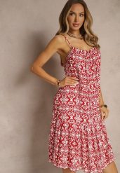 Bordowa Bawełniana Sukienka o Rozkloszowanym Kroju na Ramiączkach w Etniczny Wzór Nelpio. Czerwone sukienki Renee, na co dzień, l, z aplikacjami, z bawełny, eleganckie, bez kołnierzyka, bez ramiączek, midi, rozkloszowane. W wyprzedaży za 38.49 zł.