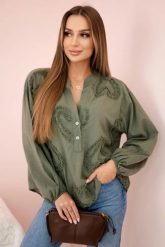 Bluzka bawełniana koszulowa w serca khaki. Brązowe bluzki KESI, l, bez wzorów, z bawełny, eleganckie, bez kołnierzyka, bez ramiączek. Za 179.81 zł.