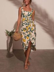 Milan Kiss Sukienka w kolorze beżowo-zielono-żółtym rozmiar: L. Brązowe sukienki Milan Kiss, na imprezę, l, bez wzorów, z wiskozy, bez kołnierzyka, bez ramiączek, midi. Za 170.47 zł.