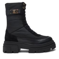 Trapery Tommy Hilfiger. Czarne traperki Tommy Hilfiger, bez wzorów, bez obcasa, bez zapięcia. Za 899.99 zł.