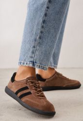 Brązowe Sneakersy Retro Tenisówki z Zamszu Naturalnego ze Skórzaną Wkładką Celarge. Brązowe trampki Born2be, bez wzorów, z jeansu, eleganckie, bez zapięcia. Za 199.99 zł.