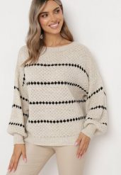 Jasnobeżowy Sweter z Bufiastymi Rękawami Ozdobiony Cienkimi Paskami Bilentia. Brązowe swetry Born2be, z aplikacjami, klasyczne, bez ramiączek. W wyprzedaży za 67.99 zł.