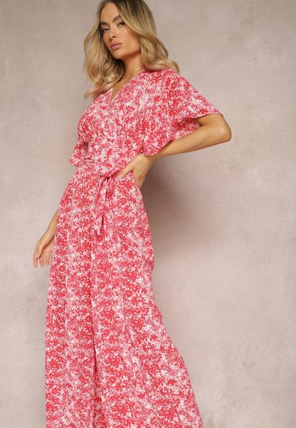 Czerwono-Różowy Kombinezon z Falbankami i Trójkątnym Dekoltem z Suwakiem z Tyłu Zintella. Czerwone kombinezony Renee, na co dzień, l, bez wzorów, bez kołnierzyka, bez ramiączek, mini, proste. Za 59.99 zł.