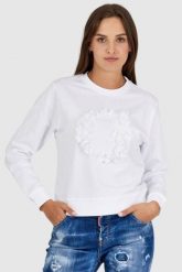 GUESS Biała bluza damska z literką g obszytą płatkami, Rozmiar M. Białe bluzy Guess, m, z aplikacjami, bez ramiączek, bez kaptura. W wyprzedaży za 299.99 zł.