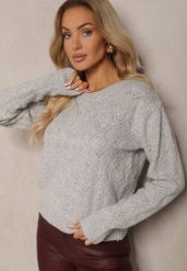 Jasnoszary Sweter w Klasycznym Stylu z Tłoczonym Wzorem Deriel. Szare swetry Renee, bez wzorów, z jeansu, casualowe, bez ramiączek. W wyprzedaży za 119.99 zł.