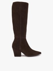 Ciemnobrązowe kozaki ze skóry welurowej. Brązowe kozaki Ryłko, bez wzorów, ze skóry, eleganckie, bez obcasa, na obcasie, bez zapięcia. Za 679.99 zł.