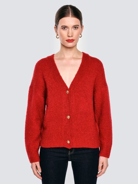 Kardigan damski z dodatkiem wełny czerwony Kardila 603. Czerwone swetry BIG STAR, l, bez wzorów, z dzianiny, biznesowe, bez ramiączek. Za 249.99 zł.