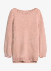Długi sweter z szenili. Czerwone swetry bonprix, bez wzorów, z materiału, bez ramiączek. Za 99.99 zł.