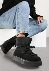 Czarne Śniegowce na Platformie ze Sznurowaniem Izatria. Czarne śniegowce Renee, bez wzorów, z futra, bez zapięcia. Za 109.99 zł.