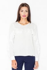 Urocza Ecru Bluzka z Falbankami z Długim Rękawem. Brązowe bluzki Figl, l, bez wzorów, z elastanu, bez kołnierzyka, bez ramiączek. Za 179.00 zł.
