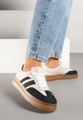 Czarno-Beżowe Sneakersy Tenisówki Ozdobione Paskami Falaviela. Czarne trampki Renee, bez wzorów, z jeansu, eleganckie, bez zapięcia. W wyprzedaży za 75.99 zł.