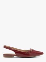Bordowe baleriny z odkrytą piętą. Czerwone baleriny Ryłko, bez wzorów, z gumy, bez obcasa, na płaskiej podeszwie, bez zapięcia. Za 329.99 zł.