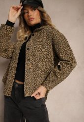 Brązowa Jeansowa Kurtka Koszulowa w Panterkowy Print Cesida. Brązowe kurtki Renee, m, bez wzorów, z bawełny, eleganckie, bez kaptura. W wyprzedaży za 112.49 zł.