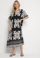 Czarna Sukienka Pudełkowa z Wiskozy z Dekoltem w Serek w Etniczny Wzór Abrellis. Czarne sukienki Born2be, na co dzień, l, bez wzorów, z wiskozy, eleganckie, bez kołnierzyka, bez ramiączek, midi, kopertowe. Za 99.99 zł.
