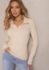 Beżowa Prążkowana Bluzka z Bawełny Ozdobiona Guzikami i Kołnierzykami Sesanela. Brązowe bluzki Renee, m, bez wzorów, z bawełny, eleganckie, bez kołnierzyka, bez ramiączek. W wyprzedaży za 55.99 zł.