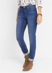Dżinsy slim ze średnim stanem i stretchem. Niebieskie jeansy bonprix, bez wzorów, z jeansu. Za 122.99 zł.
