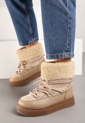 Ciemnobeżowe Śniegowce na Grubej Podeszwie ze Sznurowaniem i Futerkiem Izantea. Brązowe śniegowce Born2be, bez wzorów, z futra, bez zapięcia. Za 99.99 zł.