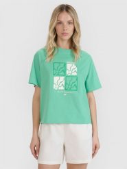 4F T-shirt oversize z nadrukiem damski - zielony M. Zielone t-shirty sportowe 4f, m, bez wzorów, z bawełny, bez ramiączek. Za 59.99 zł.