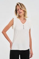 Bluzka z falbaną na ramionach biała. Białe bluzki MOODO, l, bez wzorów, z bawełny, bez kołnierzyka, bez ramiączek. Za 44.99 zł.